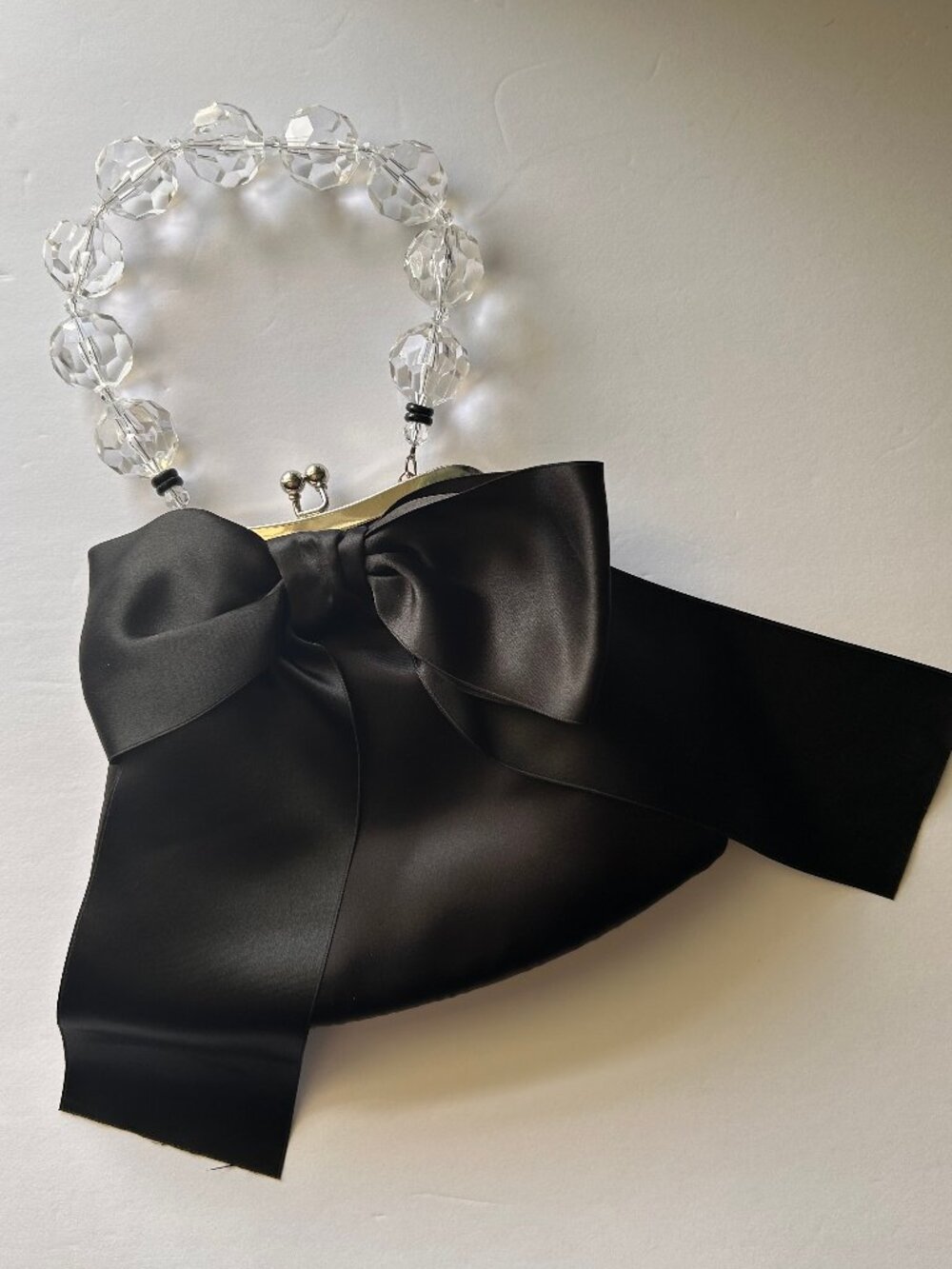 Lorren Bell Black Satin Evening Bag Crystal Handle Bow Clutch Purse Boutique